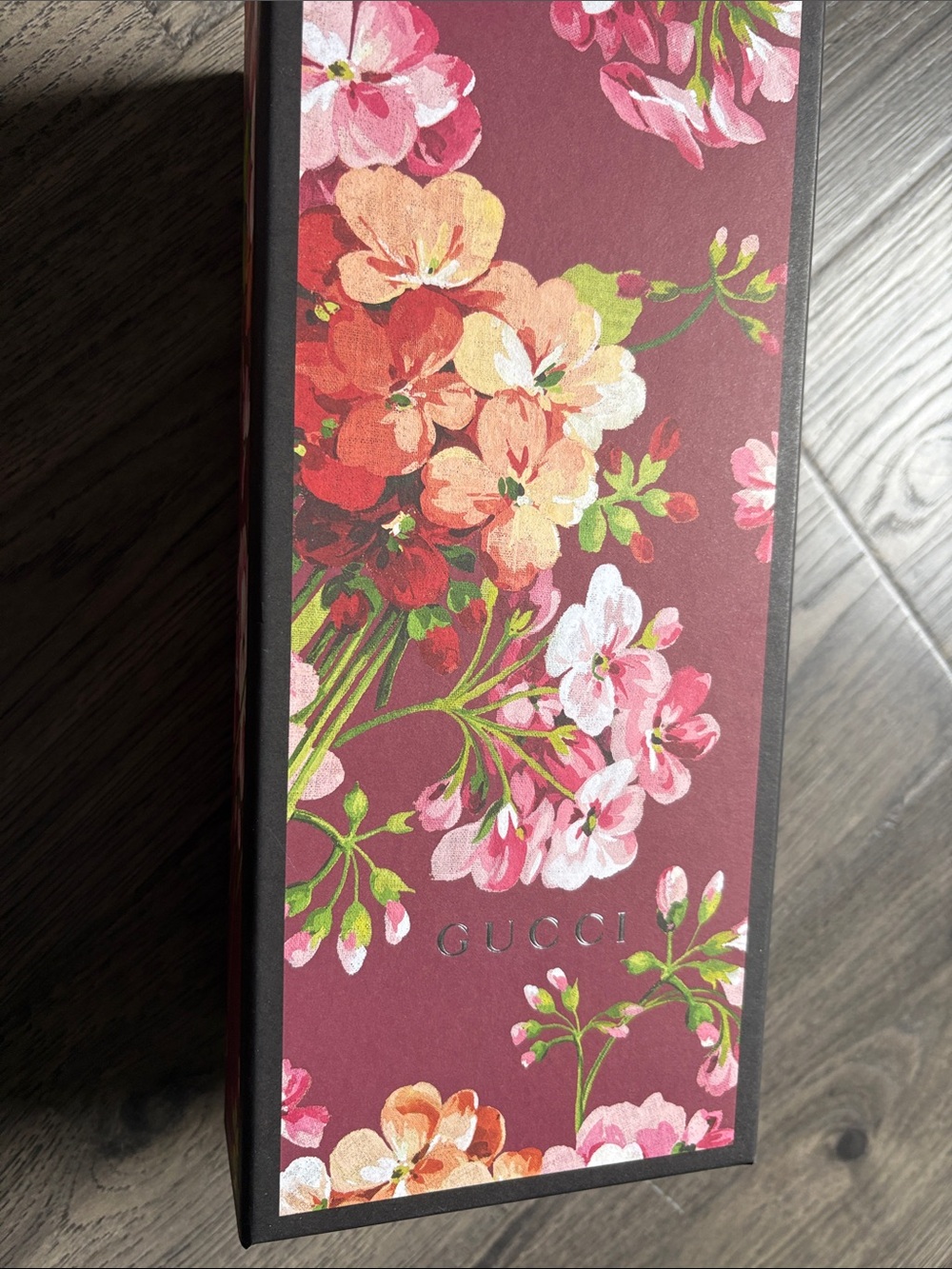 Gucci Burgundy Floral Decorative Box with Pink and Peach Blooms